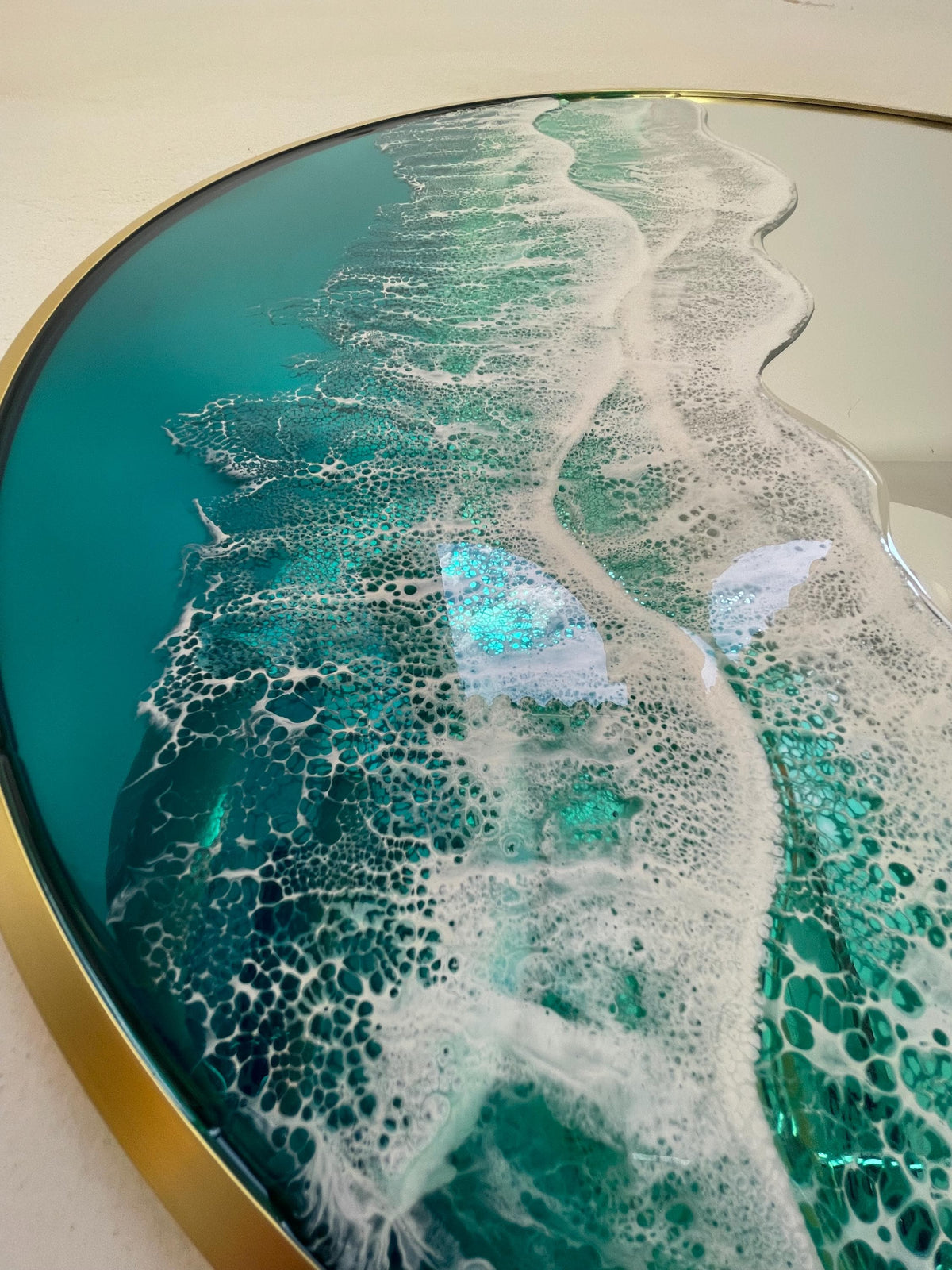 Large Round Resin Ocean Mirror 100 cm | Made to Order Coastal Wall Mirror | Handmade Resin Art Mirror | Gold Frame Statement Mirror