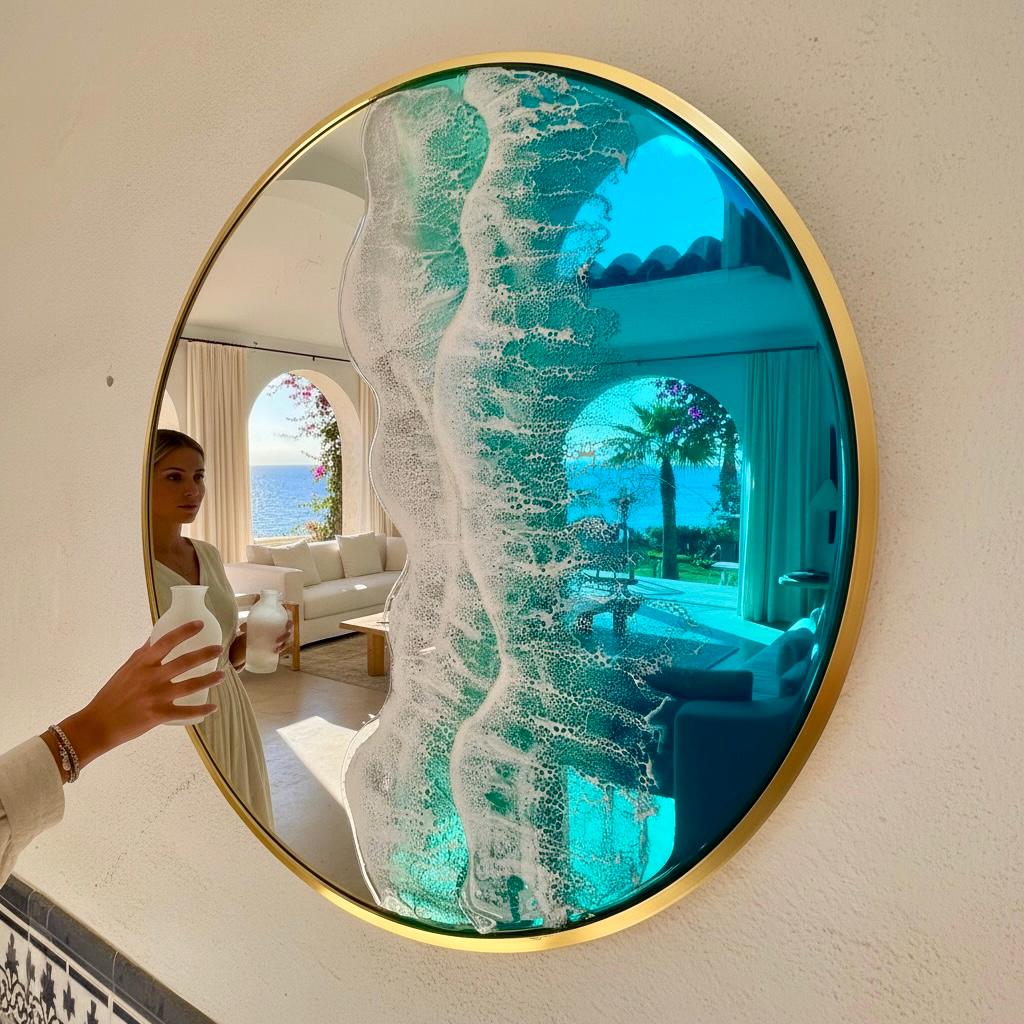 80cm Gold Frame Resin Wave Mirror | Coastal Ocean Wall Mirror | Luxury Beach House Decor | Handmade Resin Art