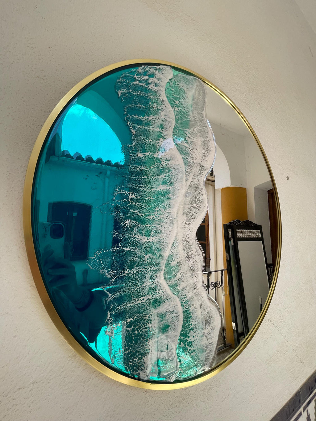 Large Round Resin Ocean Mirror 100 cm | Made to Order Coastal Wall Mirror | Handmade Resin Art Mirror | Gold Frame Statement Mirror