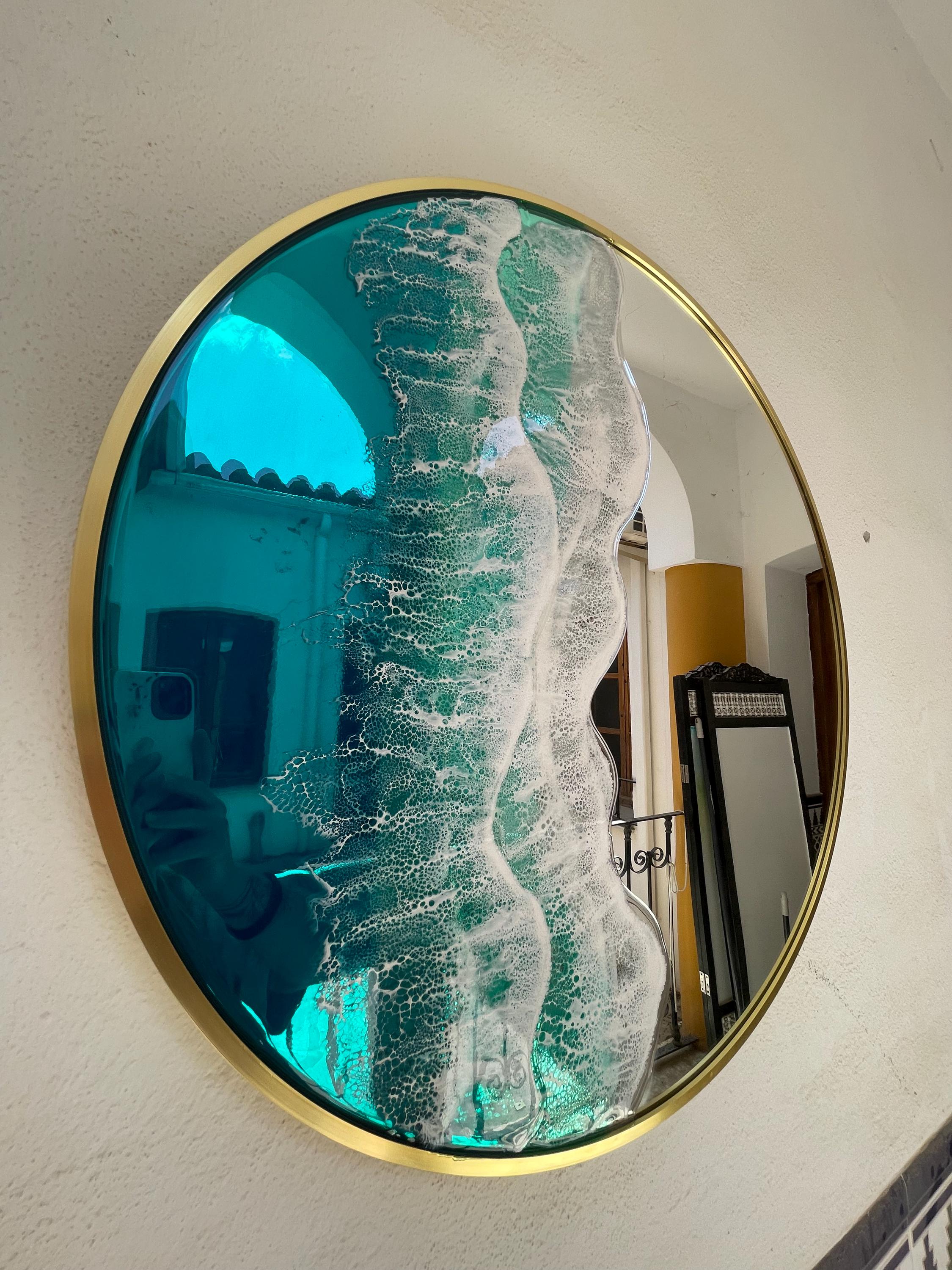 Large Round Resin Ocean Mirror 100 cm | Made to Order Coastal Wall Mirror | Handmade Resin Art Mirror | Gold Frame Statement Mirror